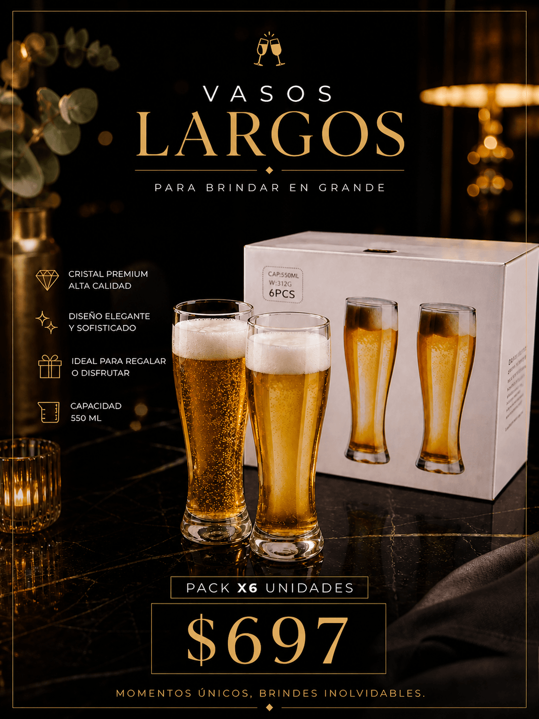 Vasos Largos 550 ML – Pack x6 Unidades